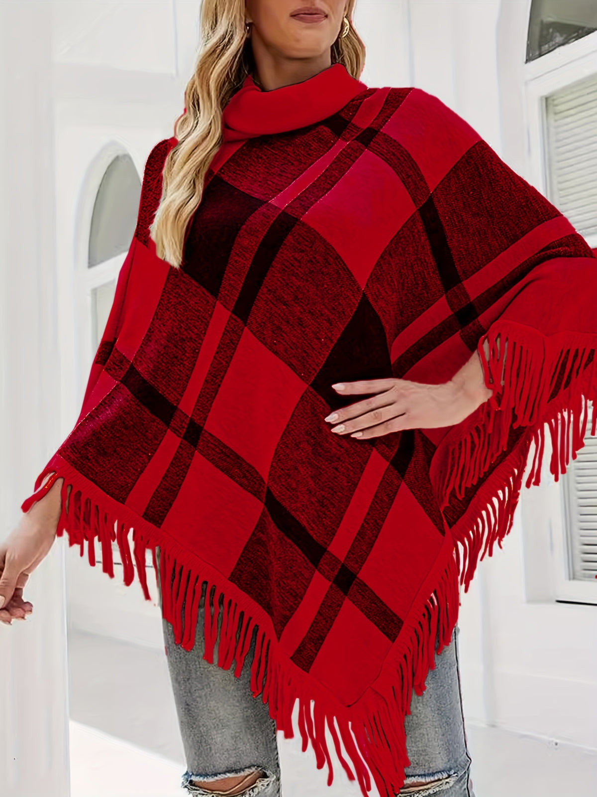 Spring/Autumn New Plaid Color-Block Fringe Shawl Women's High-Neck Irregular Pullover Sweater - Red