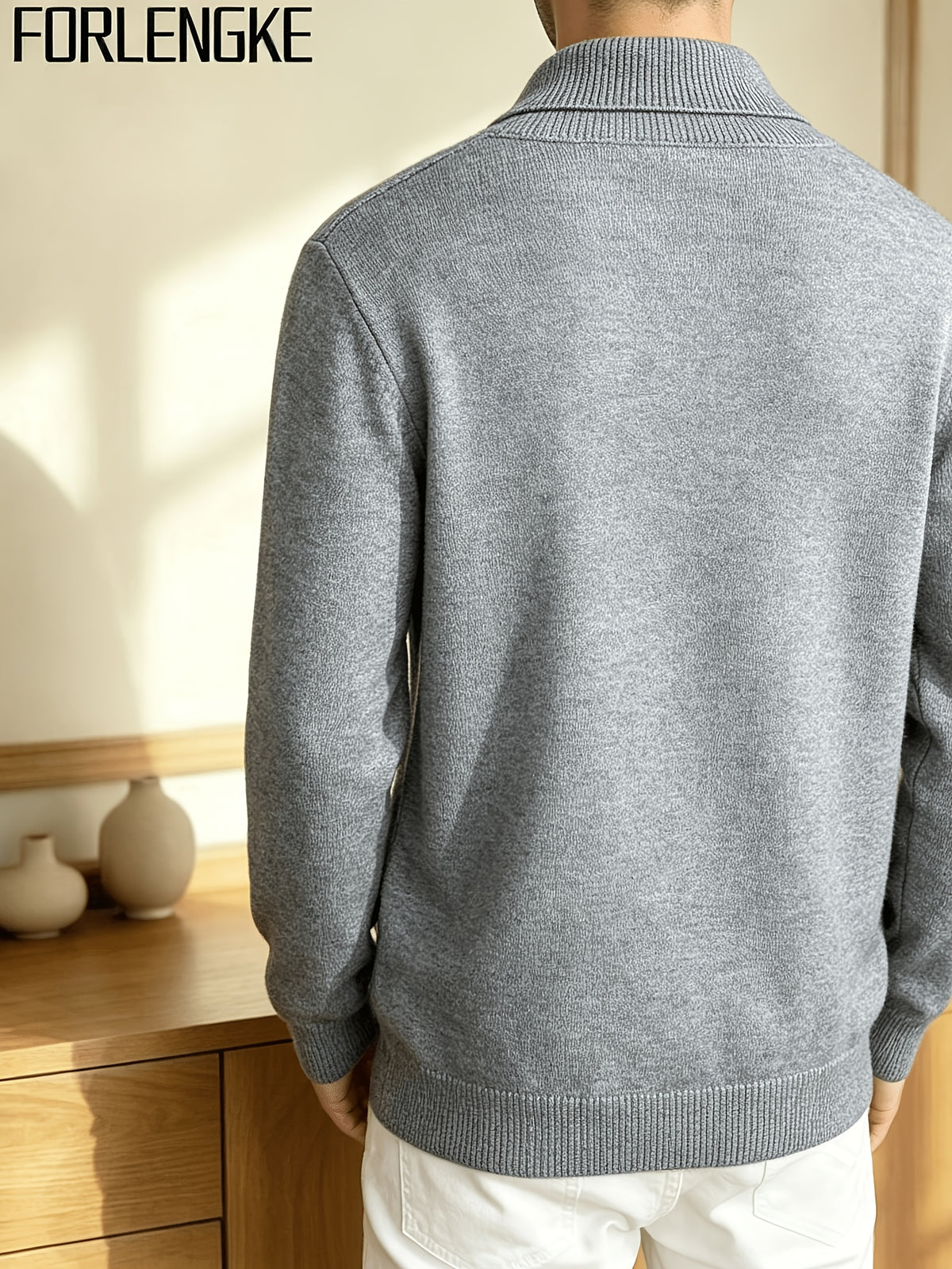 FORLENGKE Men'S Business Casual Shawl Collar Geometric Textured Knit Sweater, Soft Warm Long Sleeve Pullover for Fall Winter Office Daily Wear - Grey