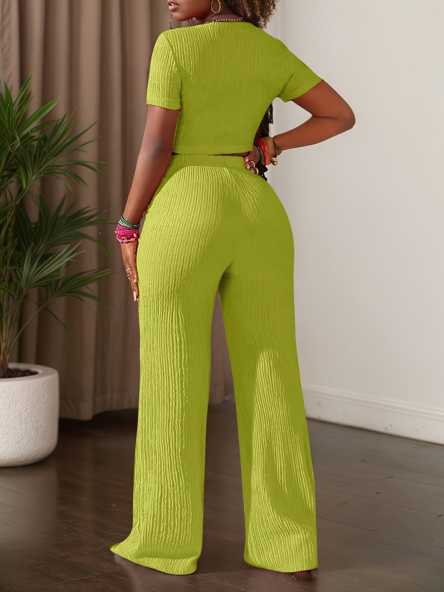 2025 New Solid Color Short Sleeve Top And Wide Leg Pants Casual Set - Yellow-green