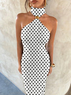 Polka Dot Pattern Elegant and Sexy Metal Buckle Embellished Hollow-out Slim-fit Stretch Knit Dress, Women's Fashionable and Elegant Party Bridesmaid Dress - White And Black