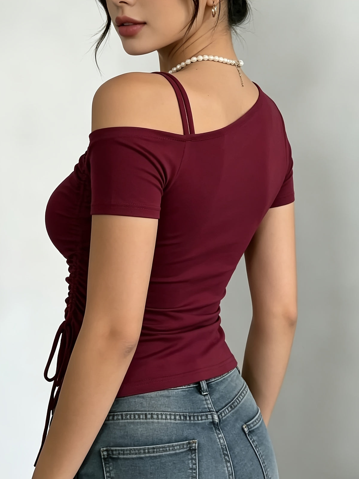 2026 Slant Collar Patchwork Drawstring Pleated High-End Fashionable Short Sleeve Women's T-Shirt, Hot Slim Fit Irregular Short Sleeve - Burgundy