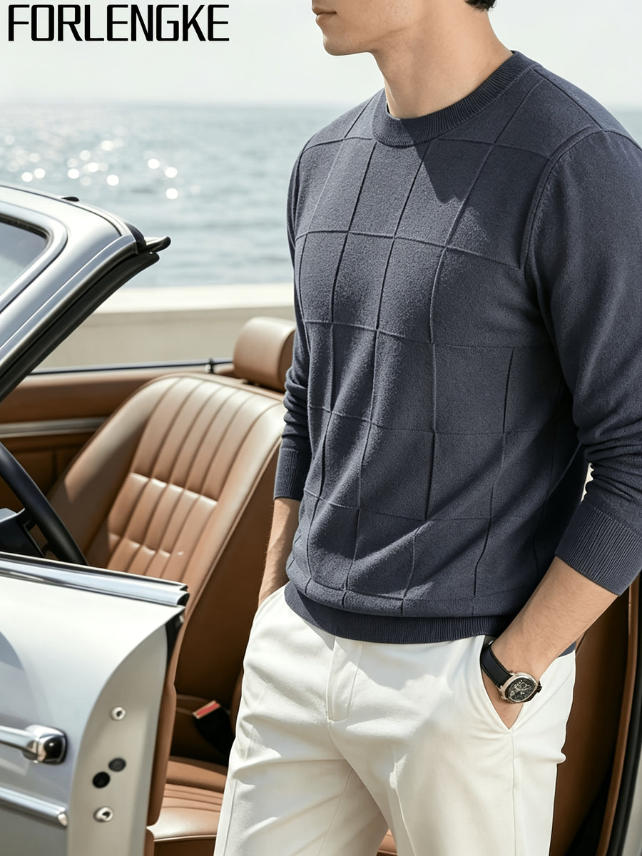 FORLENGKE Men's Casual Commuter-style Checkered Knit Sweater with Checkered Jacquard, Soft and Breathable Knit Fabric, Classic Crew Neck Long-sleeve Pullover Style, Suitable for Various Outfit Occasions, Autumn and Winter Daily Casual Men's Top - Dark Grey