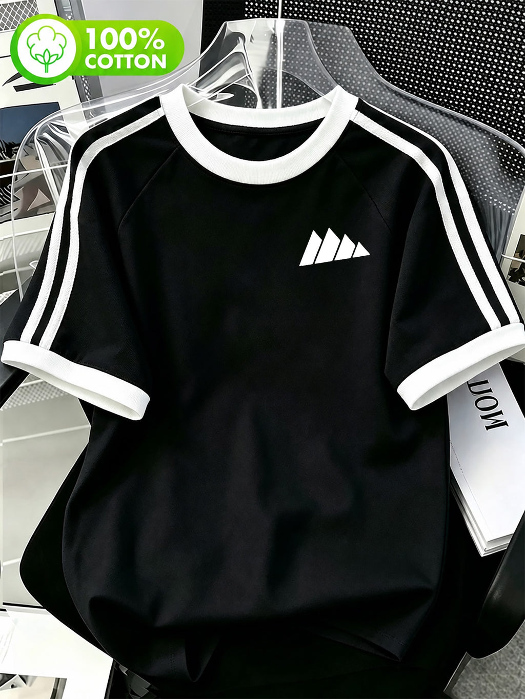 100% Drop Shoulder Striped Short Sleeve T-Shirt, Easy Four-Triangle Geometric Logo Print Loose Color-Block Round Neck Top, Retro Sport Casual Daily Wear - Black