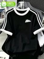 100% Drop Shoulder Striped Short Sleeve T-Shirt, Easy Four-Triangle Geometric Logo Print Loose Color-Block Round Neck Top, Retro Sport Casual Daily Wear - Black