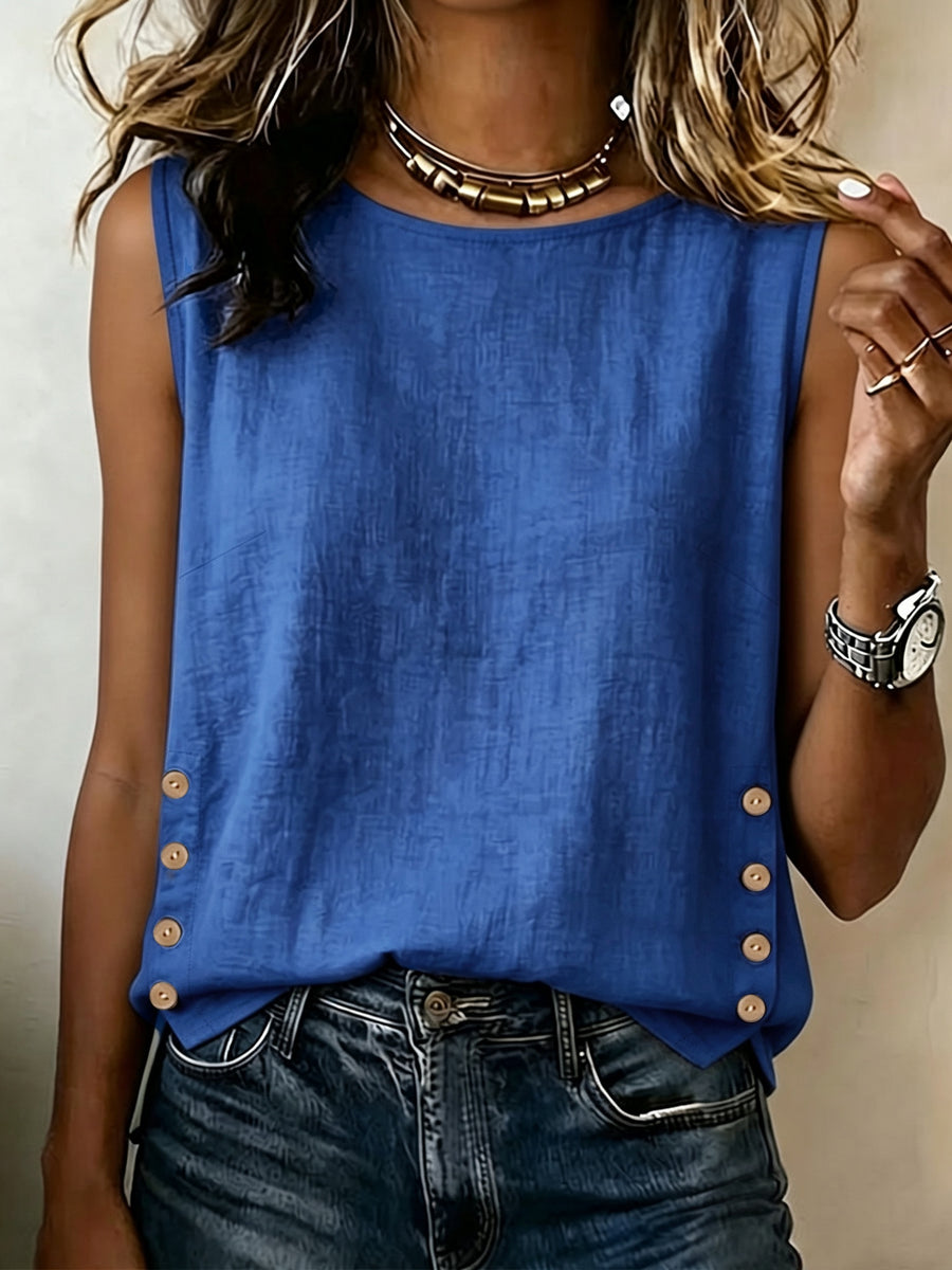 Summer Minimalist Style Round Neck Side-Button Versatile Sleeveless Shirt - Royal Blue