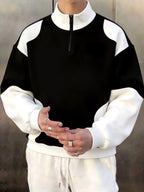 Men's  Plain Fit Color-Block Stand Collar Sweatshirt, Featuring a Black and White Contrasting Color Splicing, with a Three-quarter Zipper and Stand-up Collar Design, in a Vintage Motorcycle Biker Style - Black