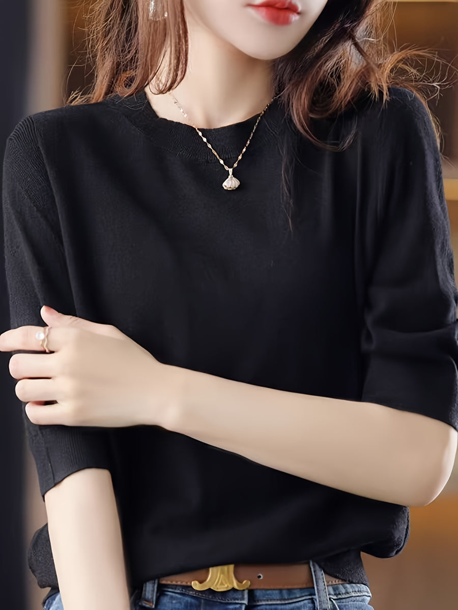 Fine Round Neck Mid-Sleeve Sweater Women'S Spring Autumn New Vintage Elegant Top Short Sleeve Base Layer - Black