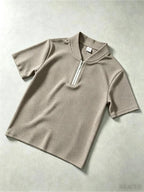 Men's Henley Shirt Short Sleeve Quarter-Zip Waffle Knit T-Shirt with Stand Collar & Logo Chest Print - Loose Fit Zippered Panel Suitable for Indoor Casual Wear, Machine Washable, Spring/Autumn Layering, Multiple Colors/Sizes Available - 【Brown】
