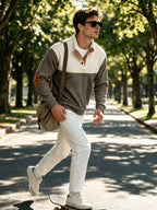 2026 New Men'S Color-Block Corduroy Sweatshirt - Casual Stand Collar, Long Sleeve with Ribbed Cuffs And Hem, Button Detail, Machine Washable - Elegant Two-Tone Patchwork for Fall, Autumn Fashion | Color-Block Design | Stretchable Fabric - Dark Brown