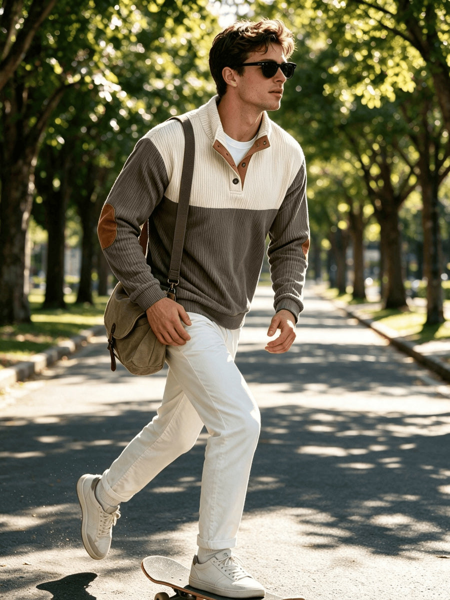 2026 New Men'S Color-Block Corduroy Sweatshirt - Casual Stand Collar, Long Sleeve with Ribbed Cuffs And Hem, Button Detail, Machine Washable - Elegant Two-Tone Patchwork for Fall, Autumn Fashion | Color-Block Design | Stretchable Fabric - Dark Brown