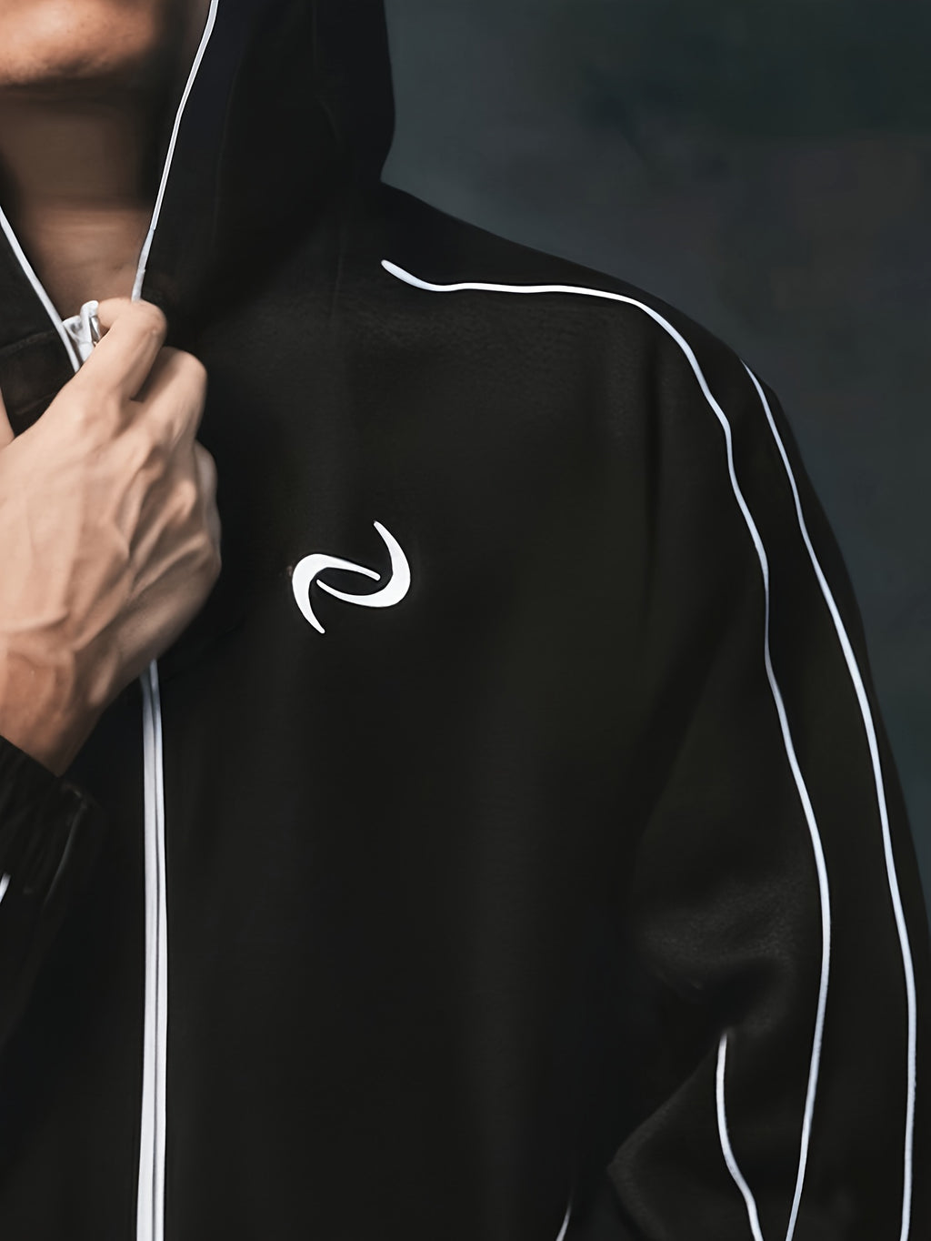 Men'S Casual Contrast Striped Jacket, Hooded Zip-Up. Comfortable Fit, Fashionable Jacket Coat - Black And White