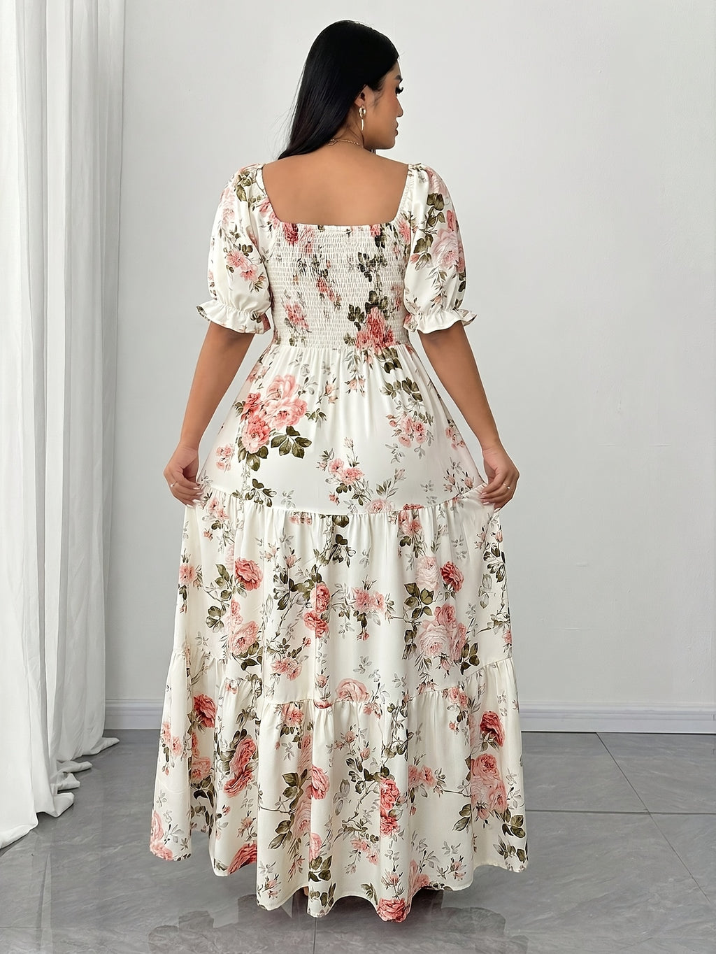 Plus Size, Elegant Women's Floral Print Dress with Ruched Detailing - White