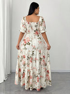 Plus Size, Elegant Women's Floral Print Dress with Ruched Detailing - White