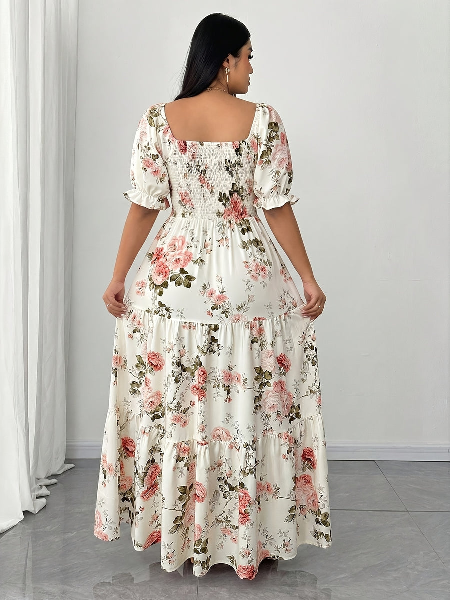 Plus Size, Elegant Women's Floral Print Dress with Ruched Detailing - White