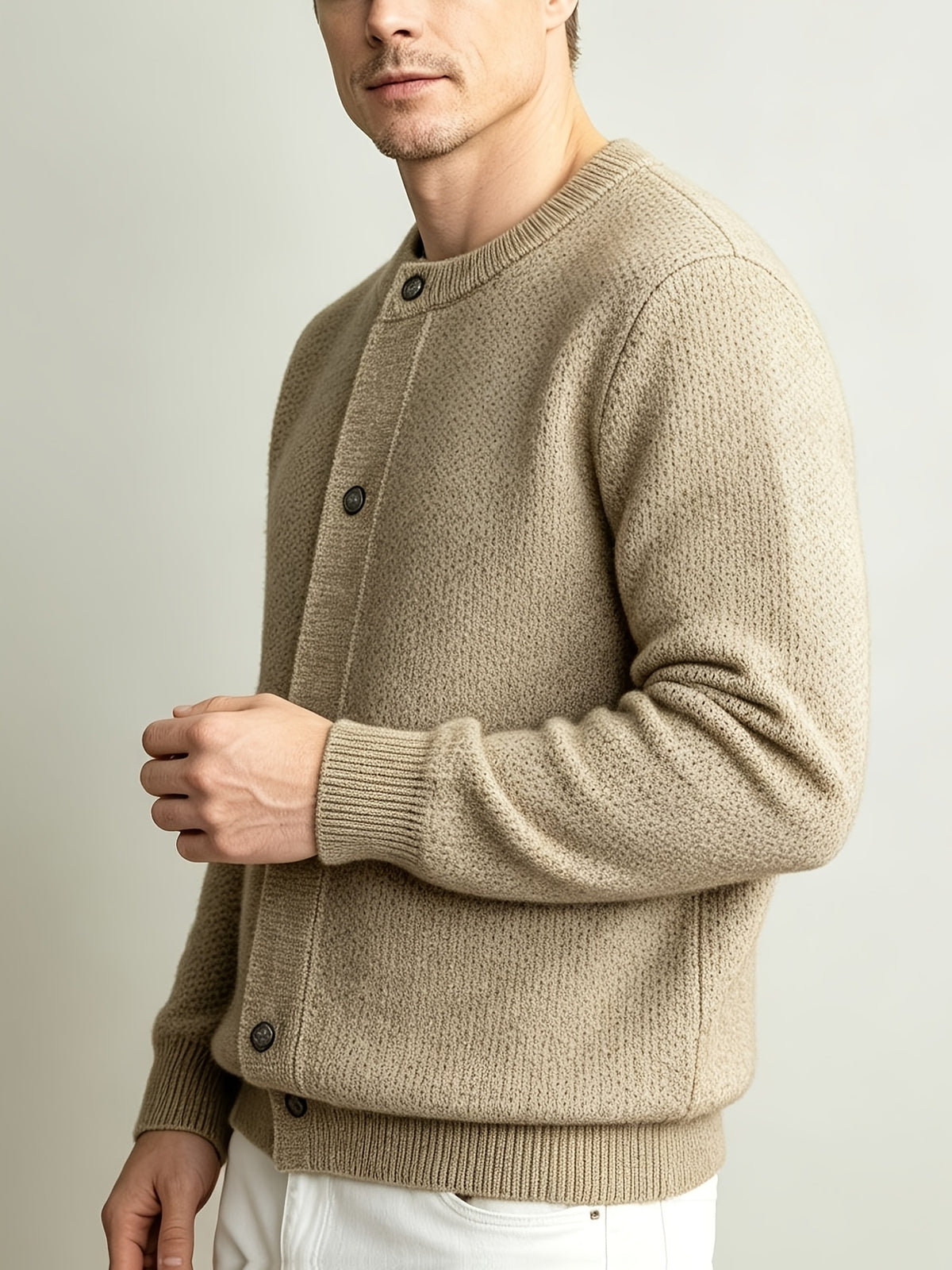 Men'S Italian Casual Gentleman Windproof Solid Round Neck Knit Cardigan Top, Heavy Fabric Warm Non-Constricting Ribbed Hem Windproof Fitted, Suitable for Coffee Dates Art Exhibitions City Strolls Mall Shopping Holiday Leisure Commute Outerwear Top - Clip Flower Coffee
