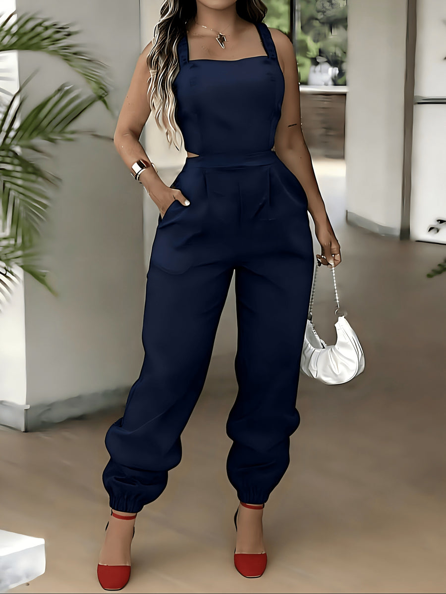 New Summer Style Casual Comfortable Versatile Spaghetti Strap Sleeveless Tie-Up Cuffed Jumpsuit, Workwear Jumpsuit, Women's Jumpsuit - Navy blue color