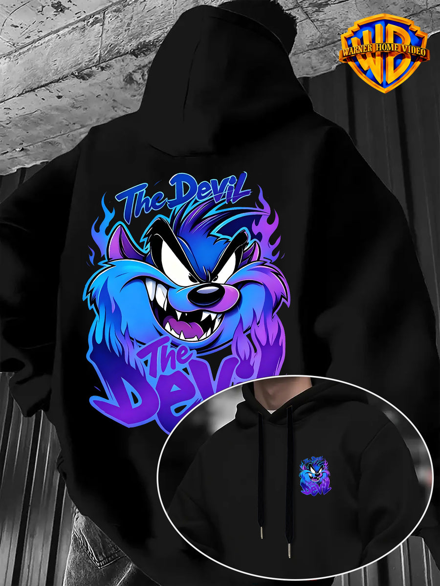Warner Bros Official 1pc Cyber Purple-Blue Flame Background Grimace The Devil Graffiti Font Casual Hoodie - Men's Fashion Hoodie, Double-Sided Front and Back Print, Adjustable Drawstring Loose and Comfortable Sweatshirt, Suitable for Daily - Black