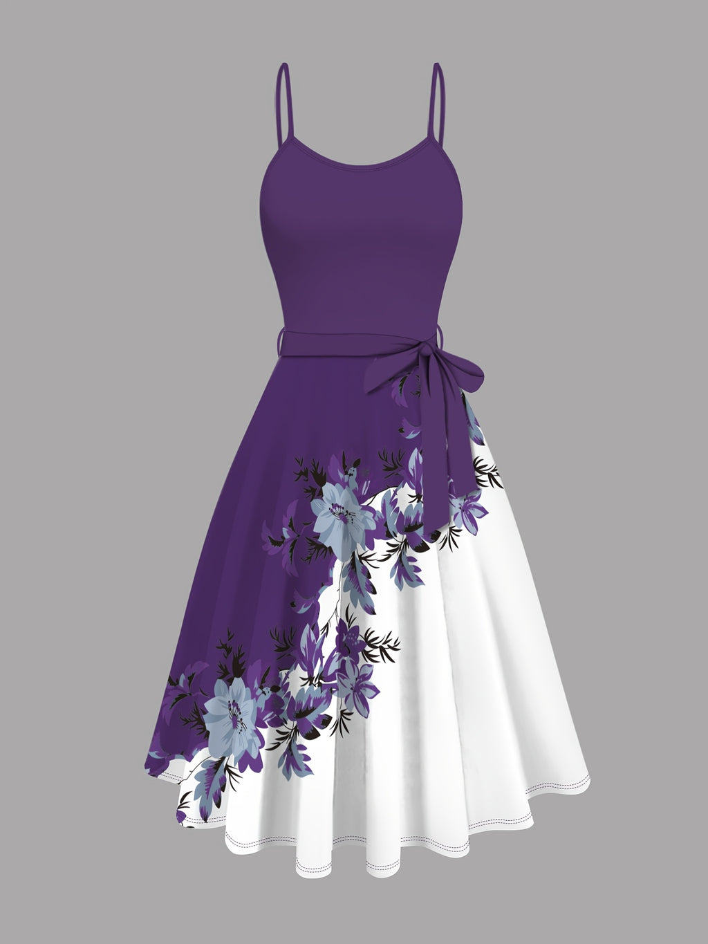 Women's Suit Blue Cardigan Jacket and Flower Print Contrasting Color Suspender Dress with Lace-up 2pcs Set Temperament Daily Party Ladies' Clothing - Purple