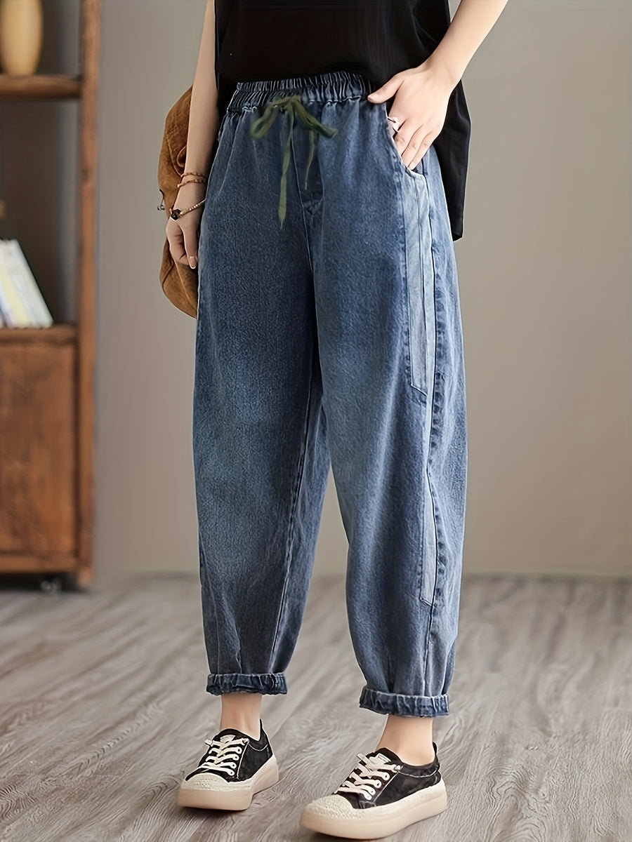 Women'S Autumn Winter Long Pants Plus Size Elastic Waist Drawstring Denim Harem Trousers Women'S Loose Retro Aesthetic Design Statement Waistband Ankle Length - Dark Blue 1