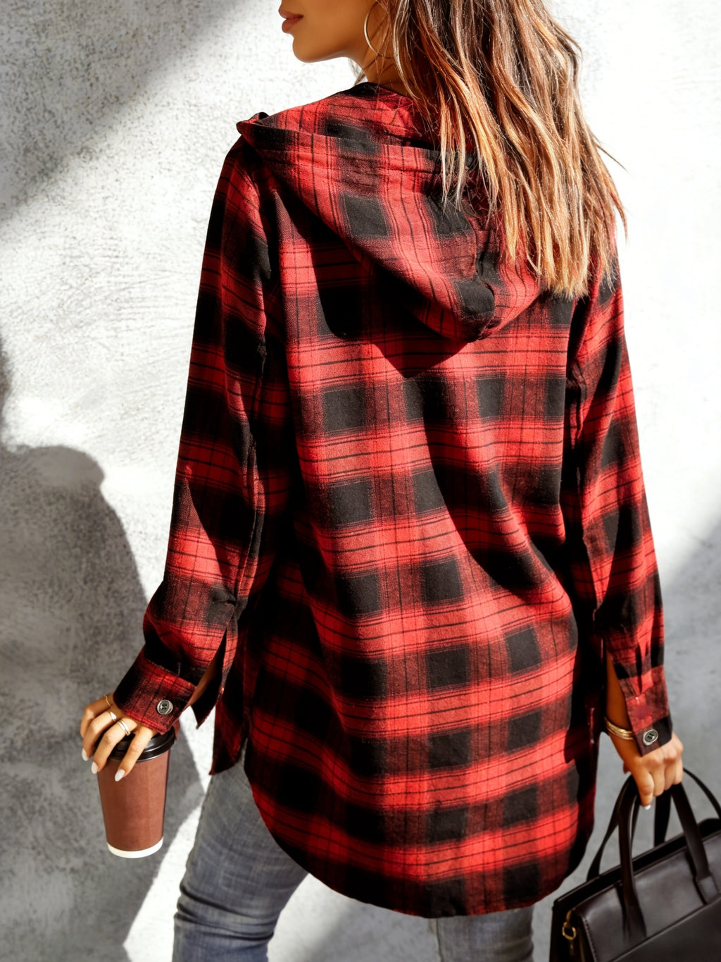 Women's Casual Long-Sleeve Lapel Shirt, Long Plaid Hooded Shirt with Drawstring Hood, Practical Chest Patch Pocket, Button Closure, Front Placket Design, Vintage Casual Style - Red And Black Plaid