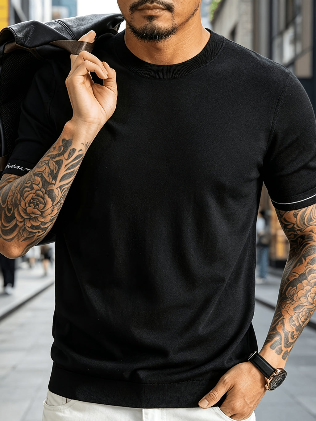 Men' Summer Short-Sleeve Knit Shirt with White-Trimmed Cuff - Stretchable Round Neck -Compatible Suitable for Urban Streetwear & Business Casual, Solid Color Multi-Color Tunic Top for Commuting and Office Wear - Black