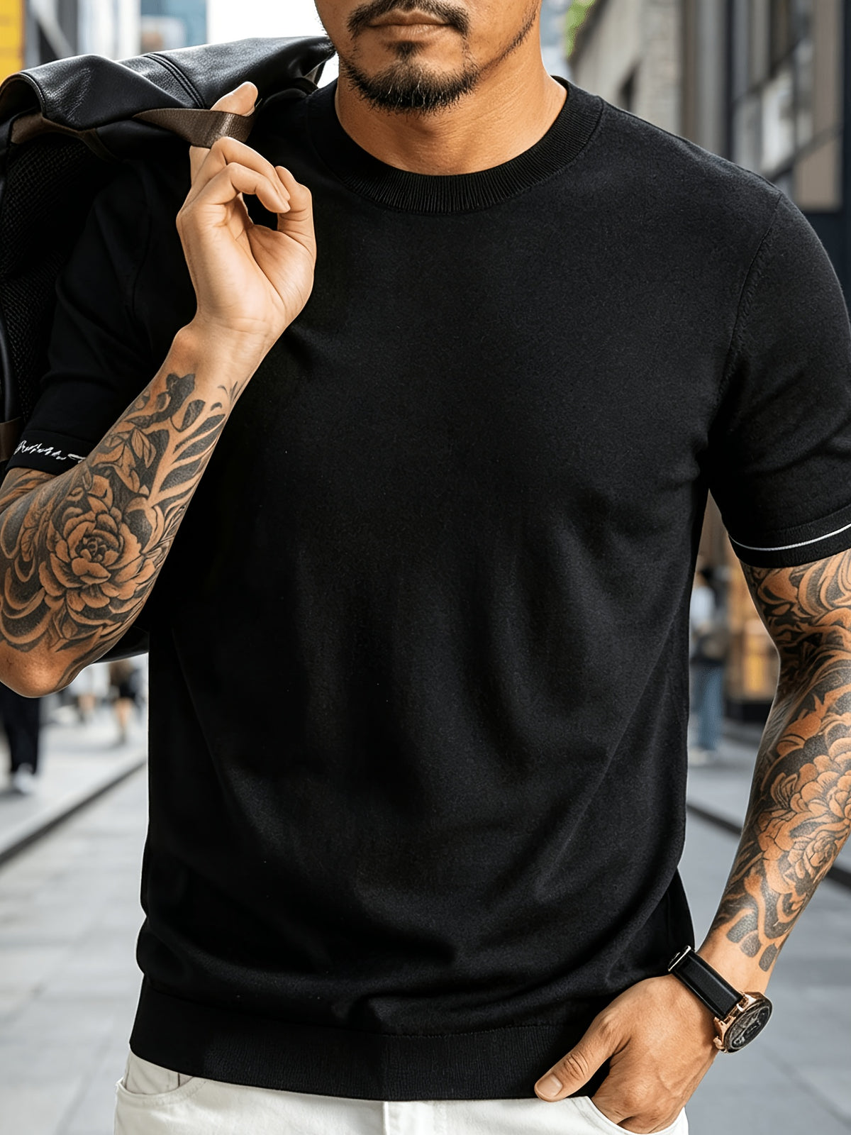 Men' Summer Short-Sleeve Knit Shirt with White-Trimmed Cuff - Stretchable Round Neck -Compatible Suitable for Urban Streetwear & Business Casual, Solid Color Multi-Color Tunic Top for Commuting and Office Wear - Black