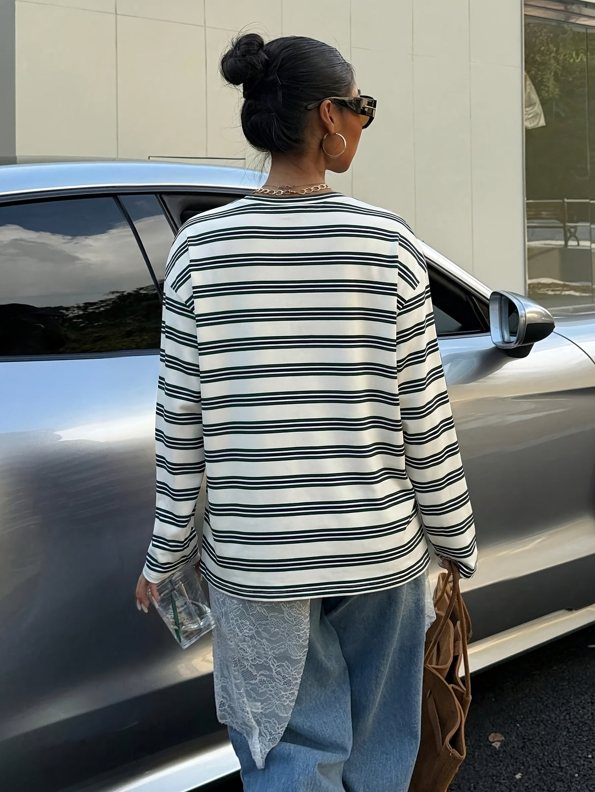 Vintage Brown/White/Blue Striped Oversized T-Shirt - Loose Fit Drop Shoulder Long Sleeve Top Suitable for Slightly Fuller Figures, Machine Washable Layering Piece for Fall Winter Wardrobe, Pilling & Fade Resistant Style - Mixed Color 4