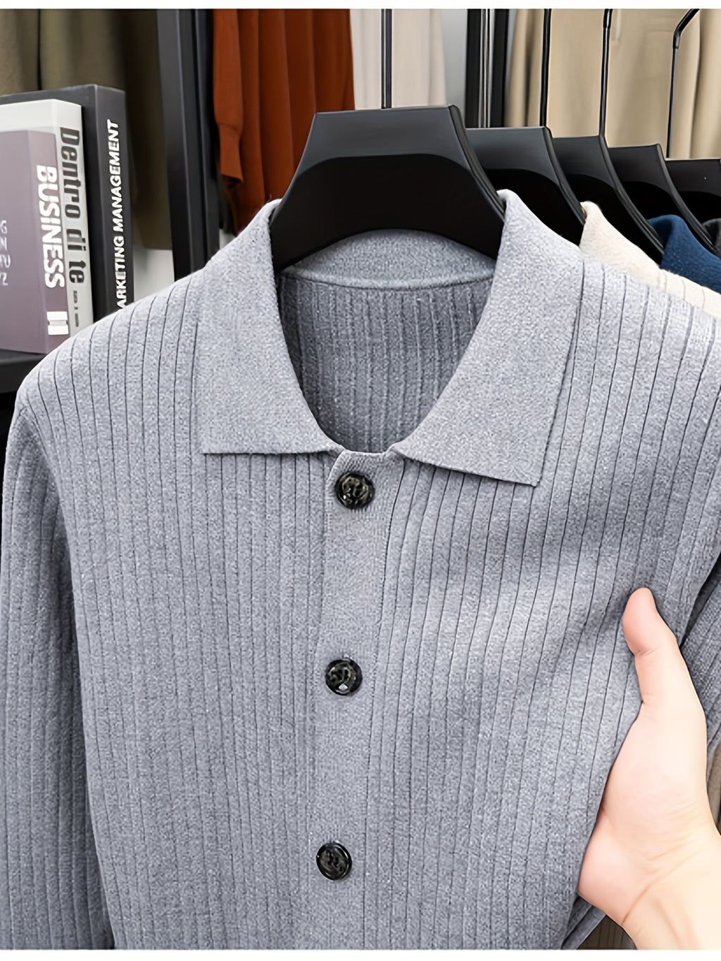 [Starry Prosperity] Autumn Winter Men'S Knit Solid Color Ribbed Open Cardigan Long Sleeve Casual Vertical Striped Lapel Sweater Jacket - Light Grey