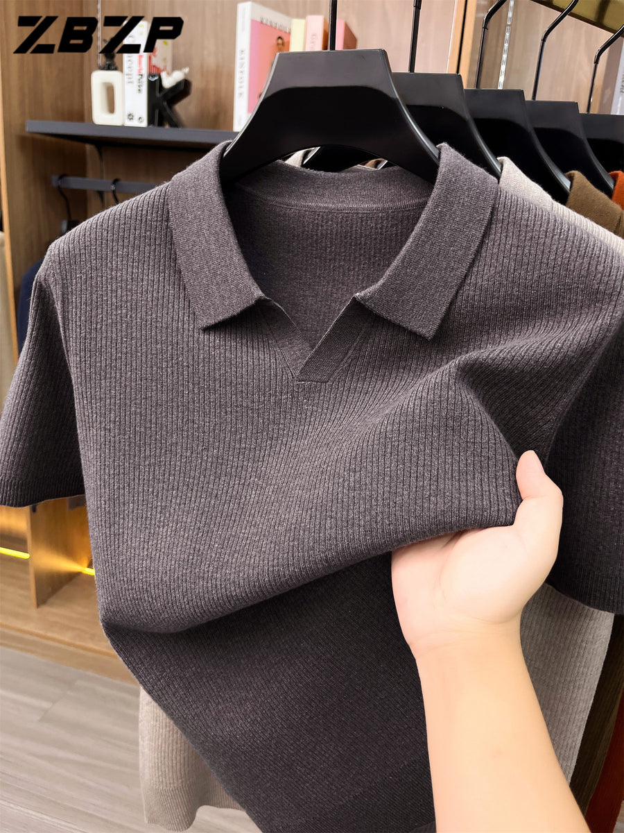 ZBZP Autumn Winter Knit 3D Solid Color Lapel Sweater, Basic Knit Pullover Top for Men, Fashion Short Sleeve Sweater ZRY - Medium Brown