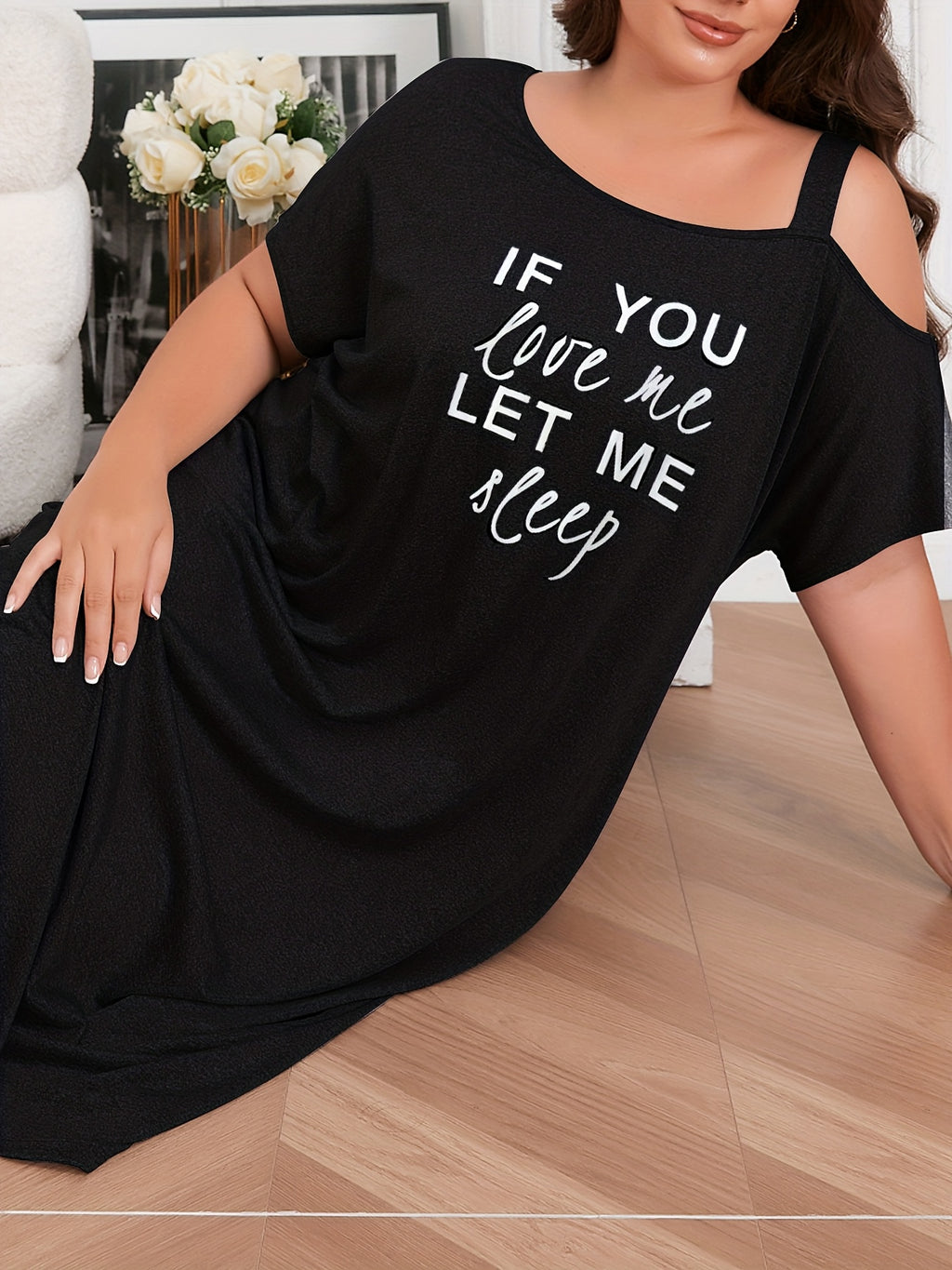 Drop-Shoulder Style Letter Print Long Dress, Plus Size Pajamas, Home Wear - Black