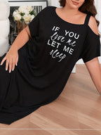 Drop-Shoulder Style Letter Print Long Dress, Plus Size Pajamas, Home Wear - Black
