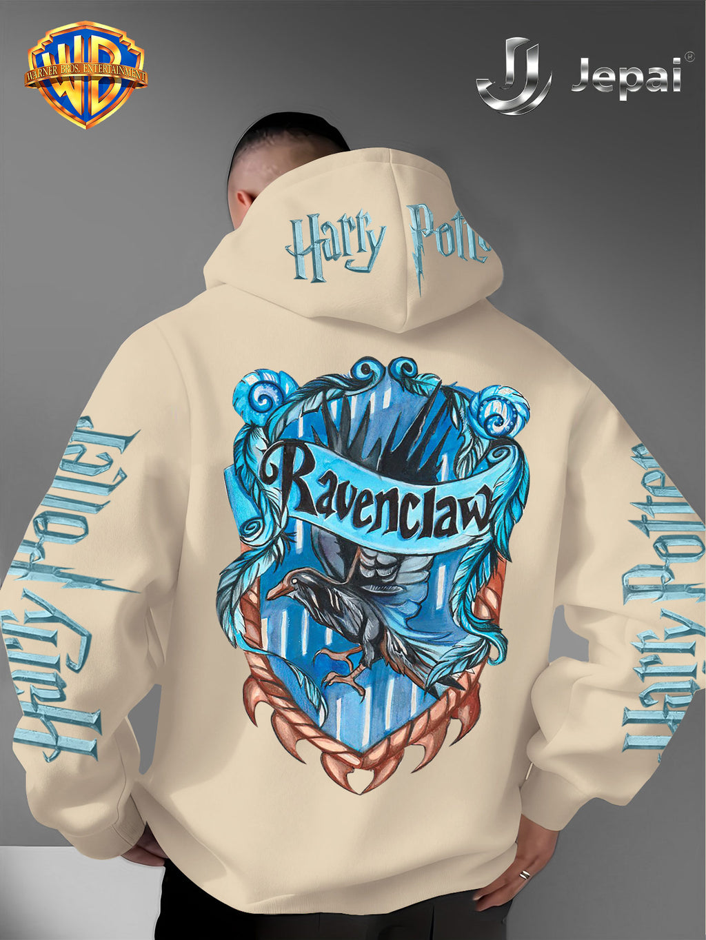 Warner Bros. Official, Trendy Cool American Street Style Harry Potter Badge Print Hooded Sweatshirt, Unisex American Street Style Long-Sleeve Top, Suitable for Daily and Outdoor Activities, an Excellent Warm Outerwear Choice for Autumn and Winter! - Apricot