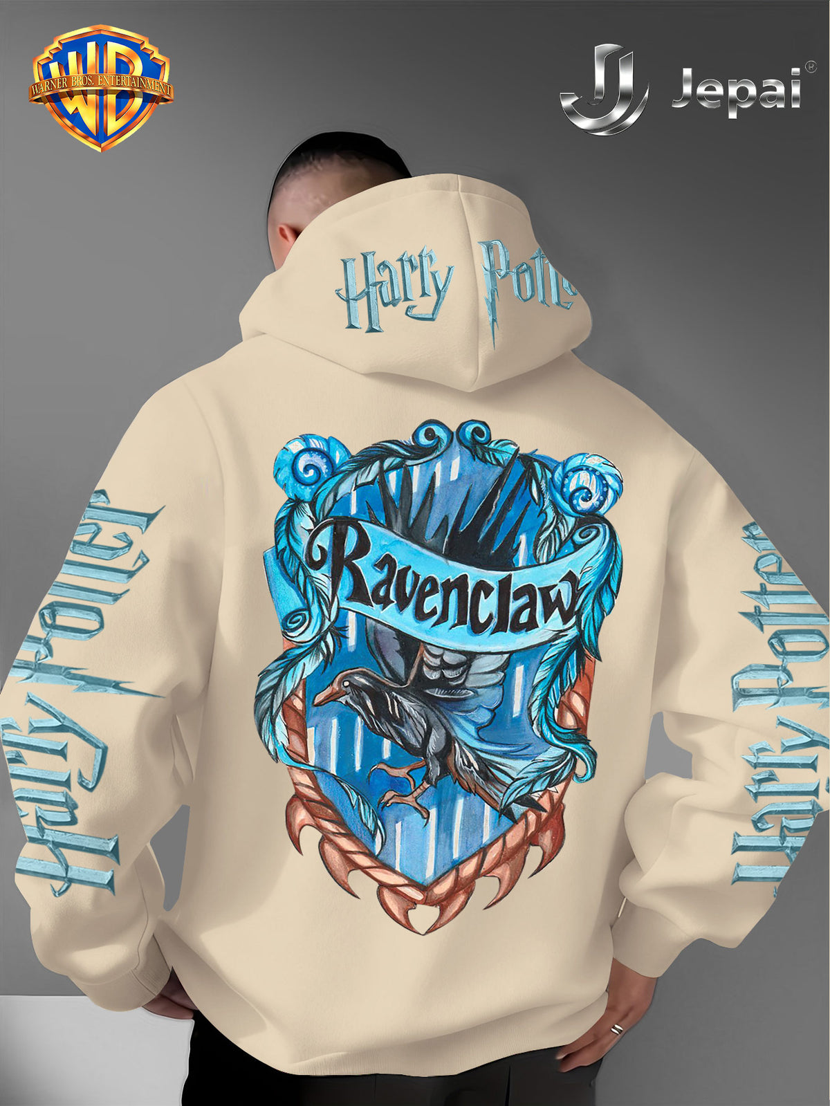 Warner Bros. Official, Trendy Cool American Street Style Harry Potter Badge Print Hooded Sweatshirt, Unisex American Street Style Long-Sleeve Top, Suitable for Daily and Outdoor Activities, an Excellent Warm Outerwear Choice for Autumn and Winter! - Apricot