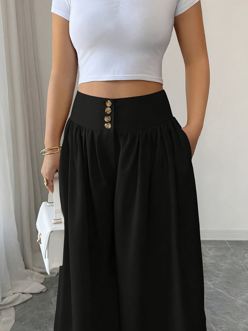 Women's Spring/Summer Waist-Cinching Long Wide-Leg Pants with Pockets, Size 25 - Black