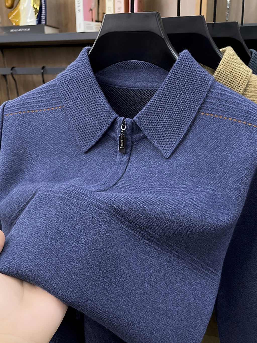 Men's Thickened Lapel Half-Zip Pullover Long-Sleeve Sweater with Ribbed Cuffs and Hem, Autumn/Winter Style, Suitable for Layering or Wearing Alone, Business Casual Style - New Flower Orchid