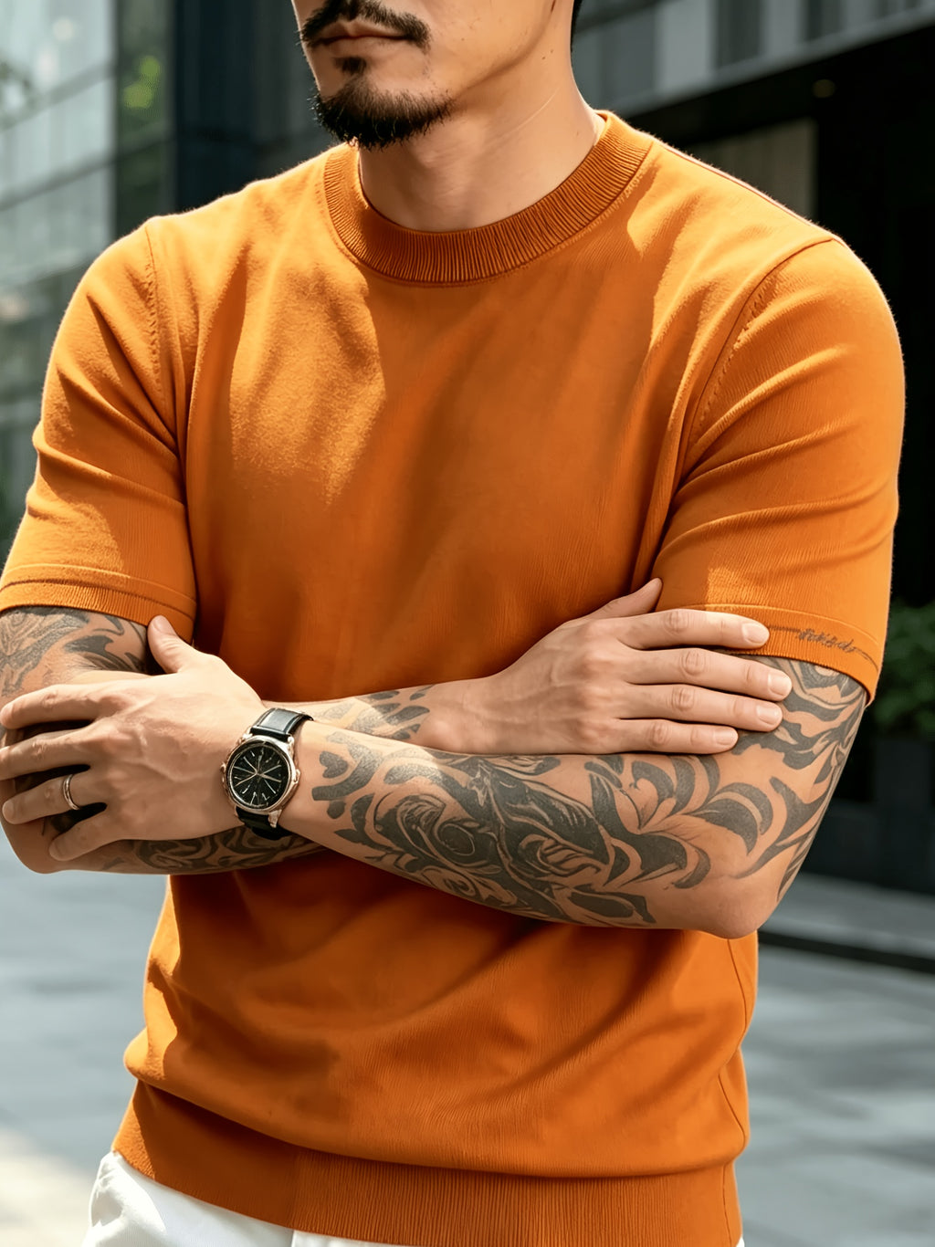 Men' Summer Short-Sleeve Knit Shirt with White-Trimmed Cuff - Stretchable Round Neck -Compatible Suitable for Urban Streetwear & Business Casual, Solid Color Multi-Color Tunic Top for Commuting and Office Wear - Emma Orange