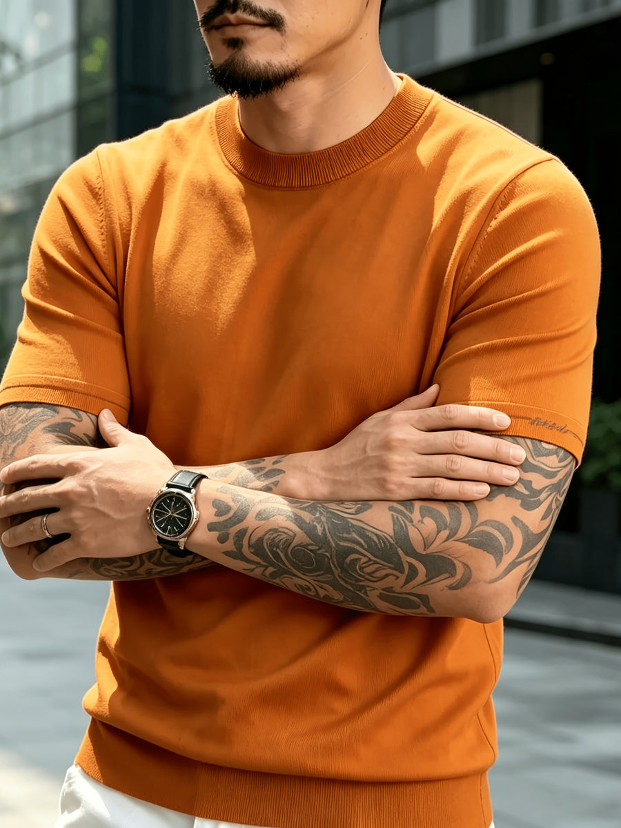Men' Summer Short-Sleeve Knit Shirt with White-Trimmed Cuff - Stretchable Round Neck -Compatible Suitable for Urban Streetwear & Business Casual, Solid Color Multi-Color Tunic Top for Commuting and Office Wear - Emma Orange