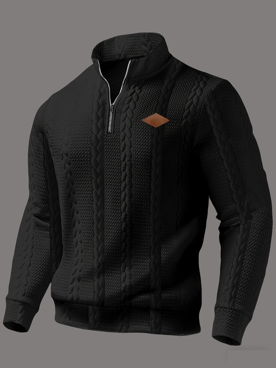 Men'S Casual Polo, Zip-Up Collar Pullover, Men'S Henley Shirt, High-Weight Fabric, Textured Material - Black