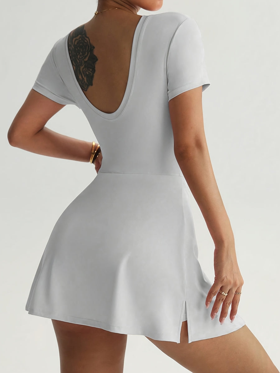 Women's Fashion Outdoor Yoga Running Pilates Commuting Dating Beach Daily Essential Stretchy Sexy Comfortable Casual Short-Sleeve Backless Navel-Control Butt-Lifting Shaping Skin-Beautifying Waist-Defining Youthful Vitality Fitness Dress - Light Grey