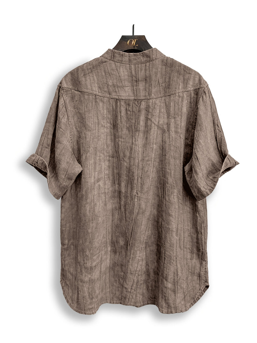 Men'S Summer Casual Henley Shirt, Preppy Style Thin Stand-Up Collar Short Sleeve T-Shirt, Retro Crinkle Ramie Pullover Men'S Top - Brown