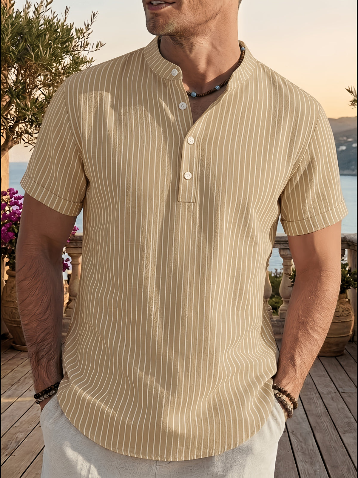 4pcs Men'S Casual Striped Linen Blend Henley Shirts, Breathable Short Sleeve Summer Tops, Suitable for Daily, Beach, And Vacation - Mixed Colors 1