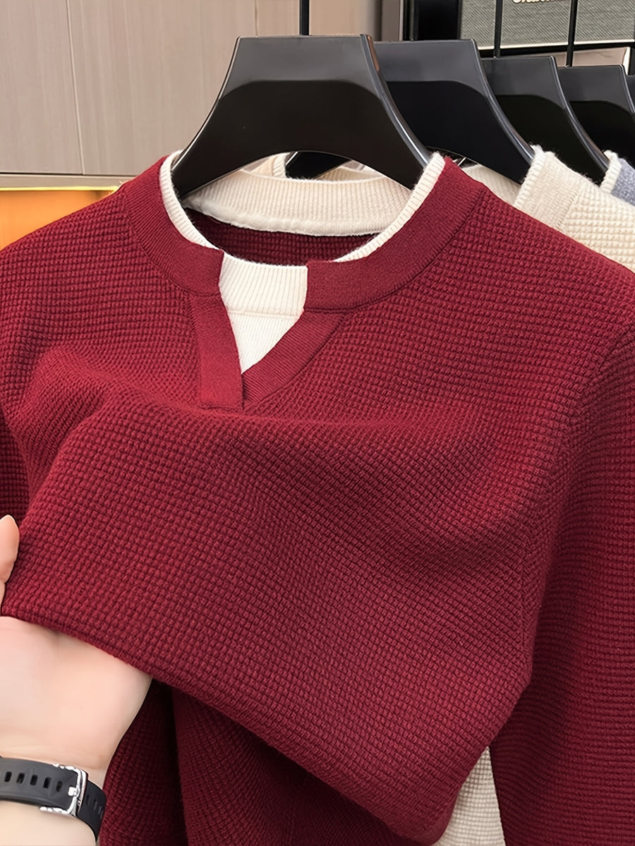Men'S Waffle Fake Two-Piece V-Neck Knit Long Sleeve Top, Burgundy And White Contrast, Focus on Atmospheric Autumn Casual Wear - SINBOS - Red