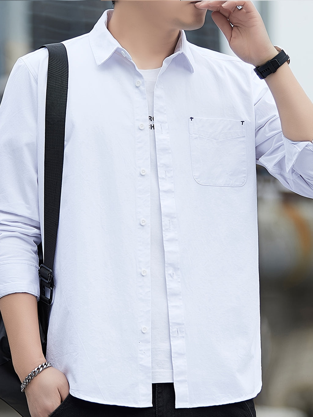 [Uomo Le Mi OBM] 1pc Spring/Autumn New Men'S Formal Shirt, Solid Color Lapel Pocket Open-Front Long Sleeve Shirt, Men'S Business Casual Fashion Versatile Shirt Jacket, Suitable for Spring And Autumn Single Wear Or Outerwear, Fits Daily And Casual - White