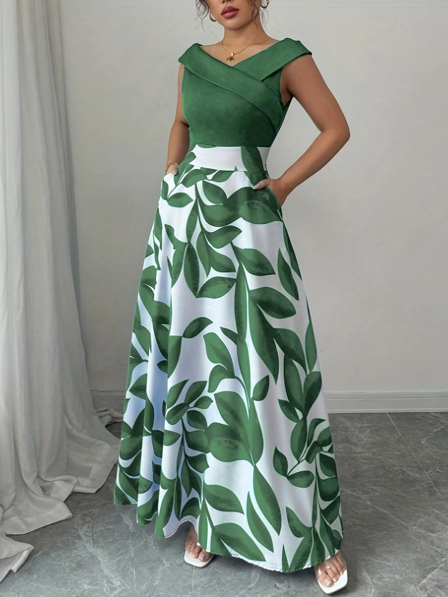 An Elegant V-Neck Floral Print A-Line Maxi Dress with Pockets - Featuring a Leaf Pattern, Short Sleeves, a Cinched Waist, And a Flowing Skirt, Perfect for Summer, Suitable for Both Casual And Formal Wear - Green