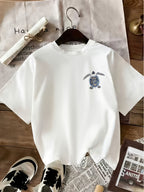 Women's Spring/Summer Casual Short Sleeve Crew Neck T-Shirt with Floral Shell Starfish Pattern, Machine Washable, Breathable Beach Design - White