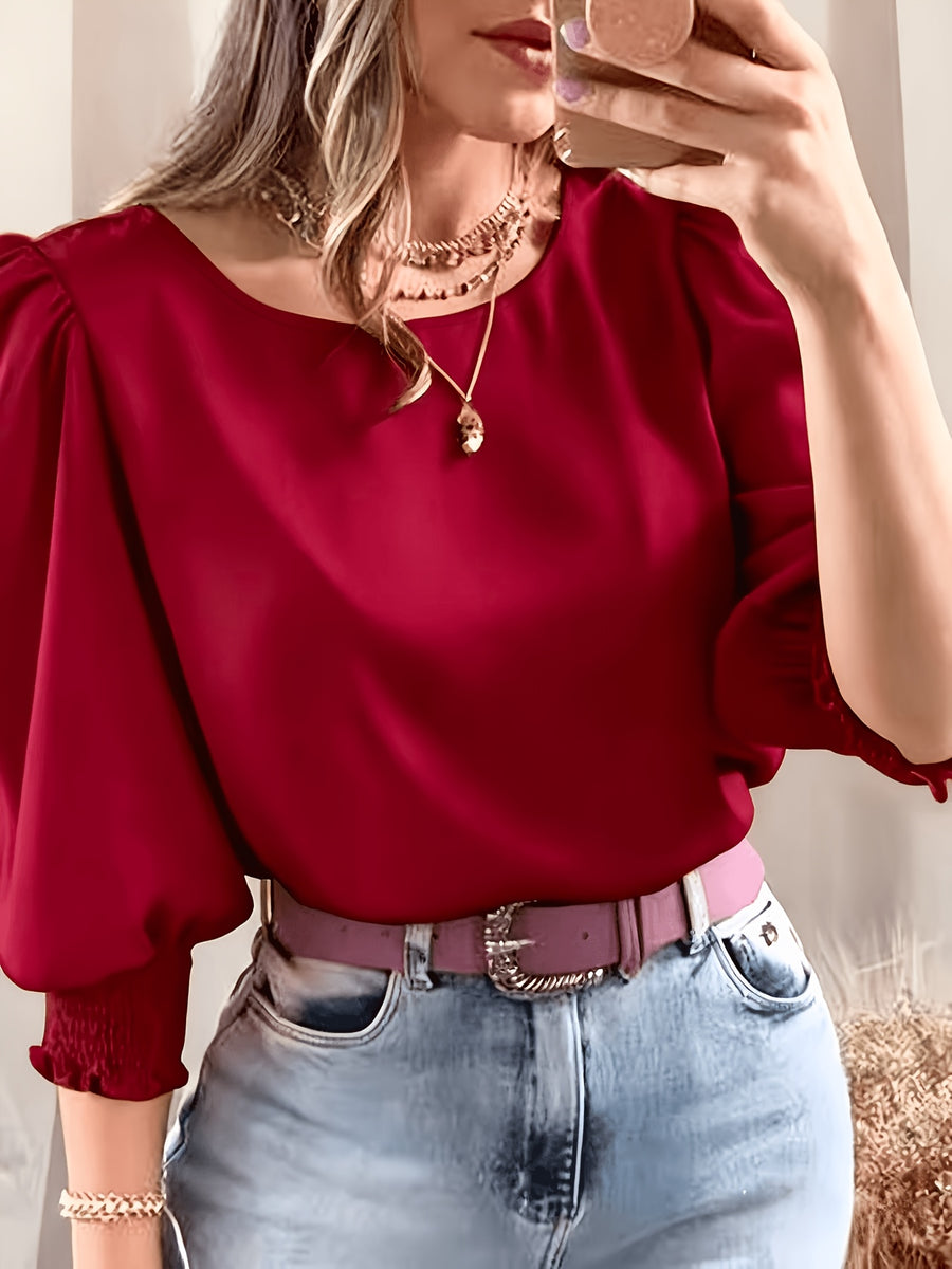 2503 Women's Casual Minimalist Solid Color Shirt Top - Deep Red