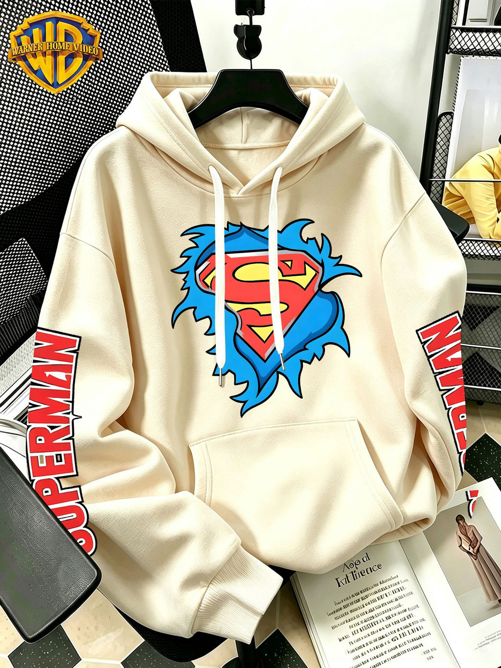 [Warner Bros] Licensed Men'S New Trendy Hoodie DC Superman Ripped Logo Print Casual Hooded Sweatshirt Everyday Drawstring Loose Pullover Machine Washable All-Match Sports Casual Men'S Top - Apricot