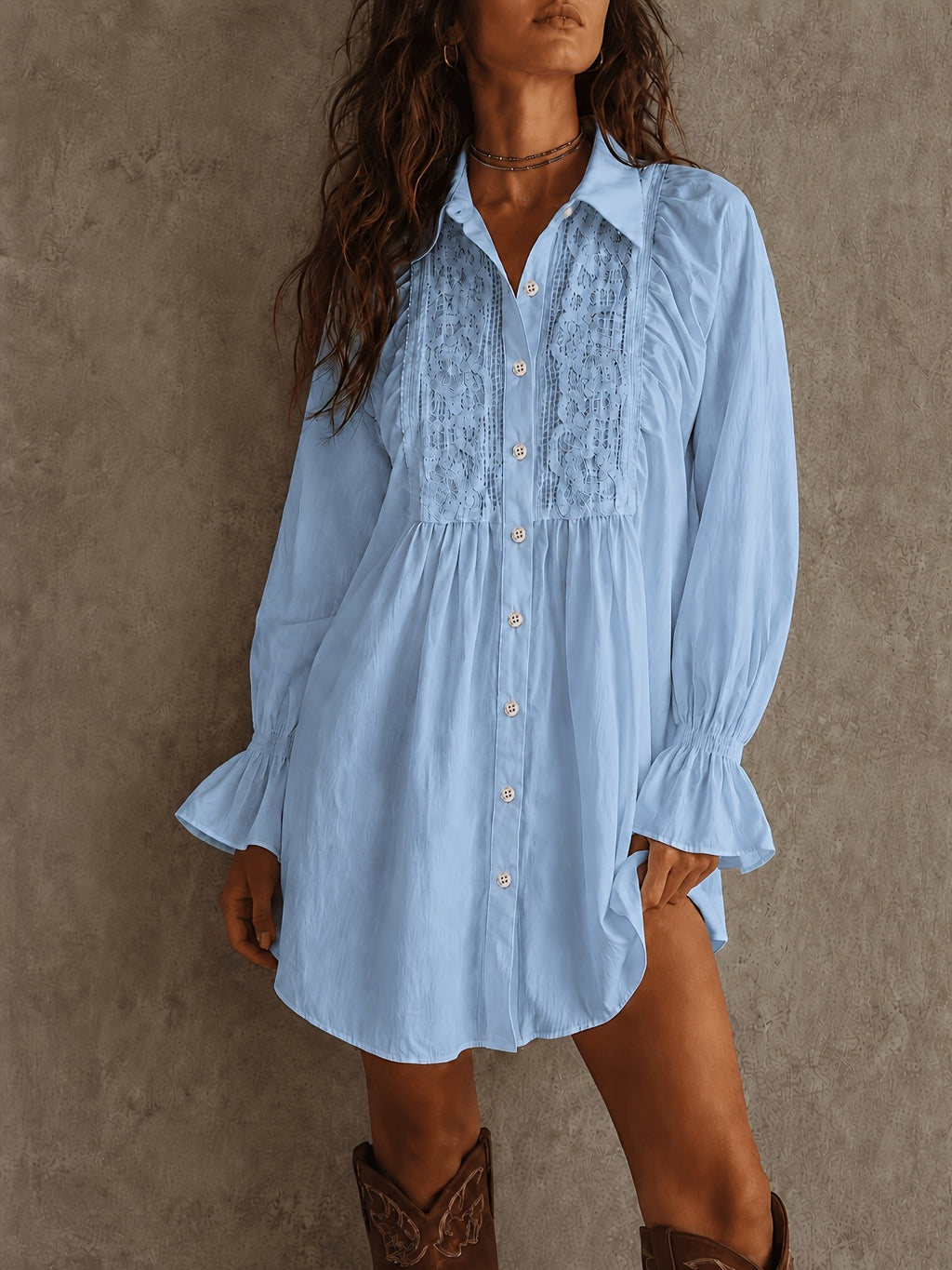 2026 Spring/Autumn Front Short Back Long Designer Style Loose Fit Elegant Solid Color Button-Up Elastic Cuffs Patchwork Lace Trim Women's Blouse ZLLZ - Light Blue