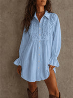 2026 Spring/Autumn Front Short Back Long Designer Style Loose Fit Elegant Solid Color Button-Up Elastic Cuffs Patchwork Lace Trim Women's Blouse ZLLZ - Light Blue