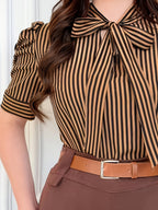 Short Sleeve Striped Shirt with Bubble Sleeves and Bow Tie - Light Brown-1